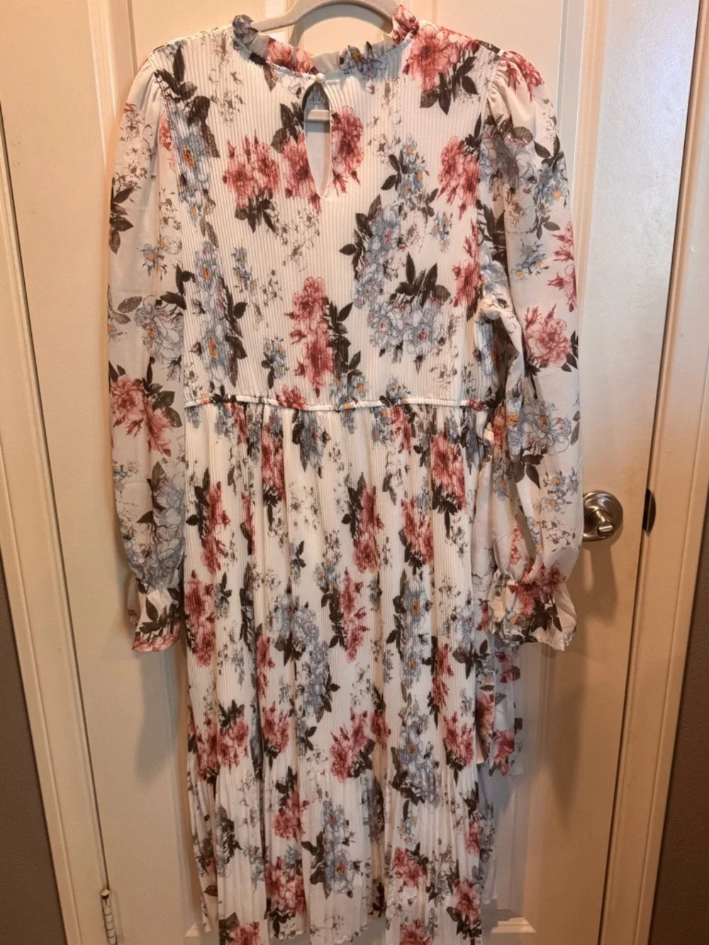 White Floral Pleated Midi Dress with Pink & Blue Flowers - Picture 2 of 2